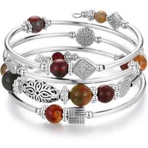 06-Picasso Layered Wrap Bangle Bead Bracelet w/ Agate Stone